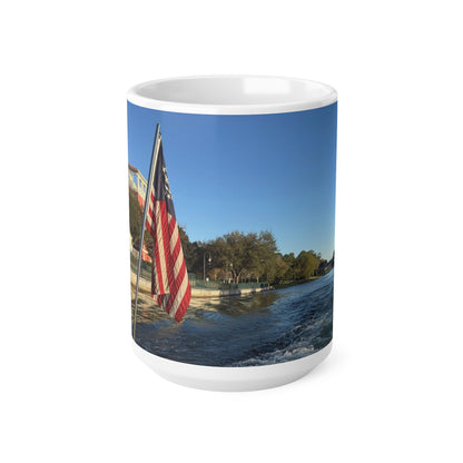 American Flag Waterfront Photo Ceramic Mug — Patriotic 11oz & 15oz Coffee Cup