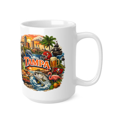 Tampa Cityscape Ceramic Coffee Mug — 11oz & 15oz Souvenir Mug with Skyline, Pelican & Tropical Icons