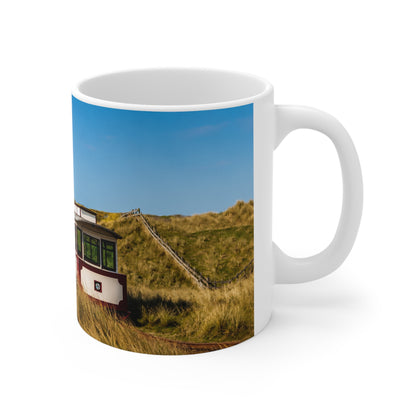 Coastal Dunes Camper Photo Mug - Scenic Beach Bus Ceramic Coffee Cup (11oz, 15oz)