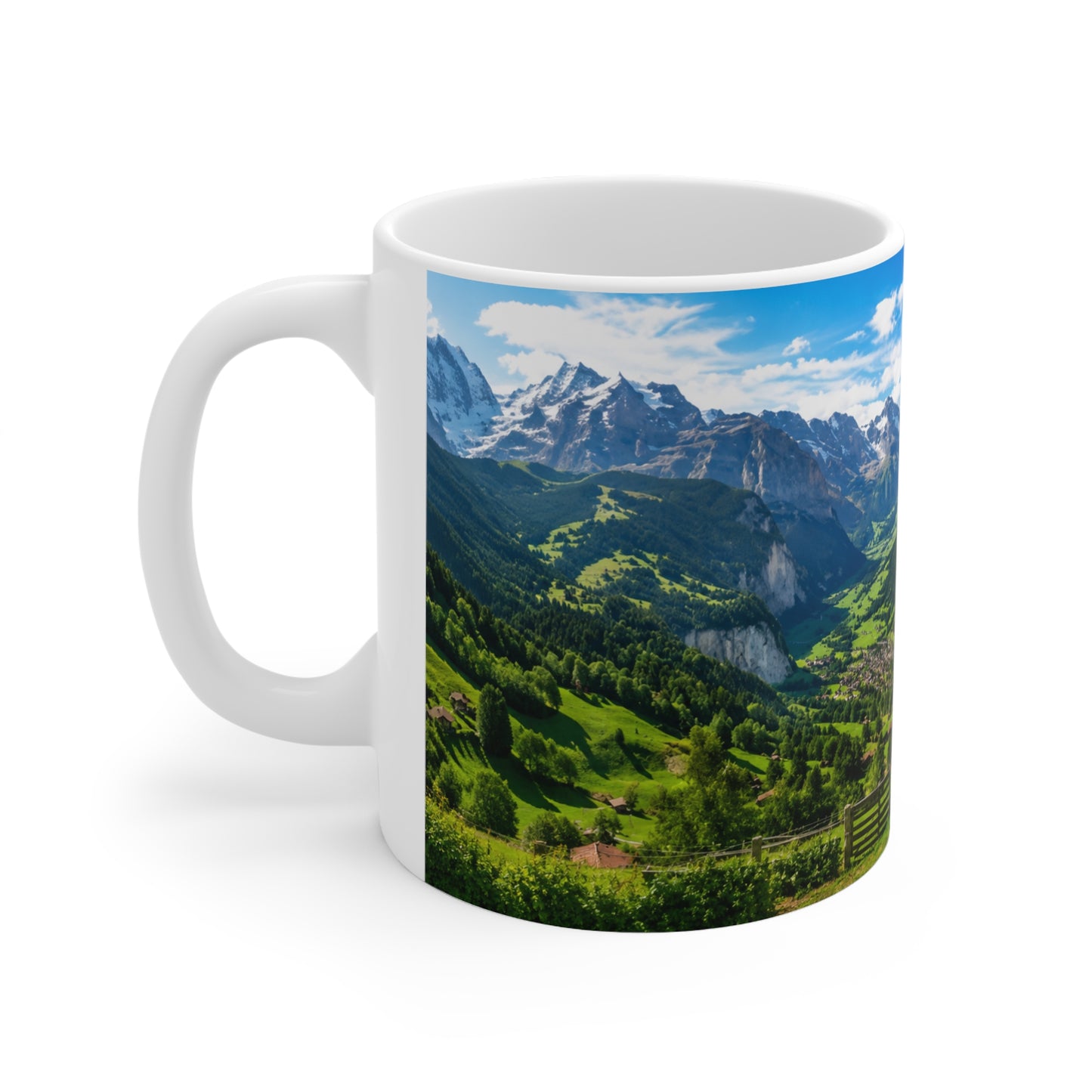 Scenic Alpine Valley Mug — Panoramic Mountain Landscape Ceramic Coffee Cup (11oz, 15oz)