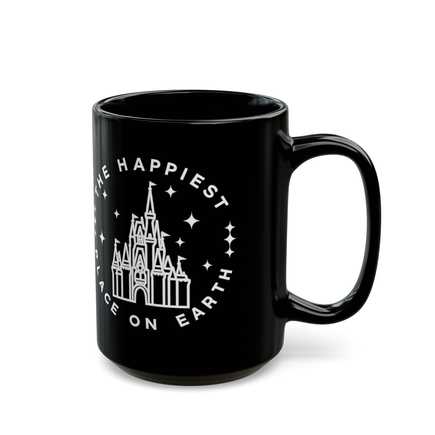 Black Castle Mug — "The Happiest Place on Earth" Ceramic Coffee Cup (11oz/15oz)