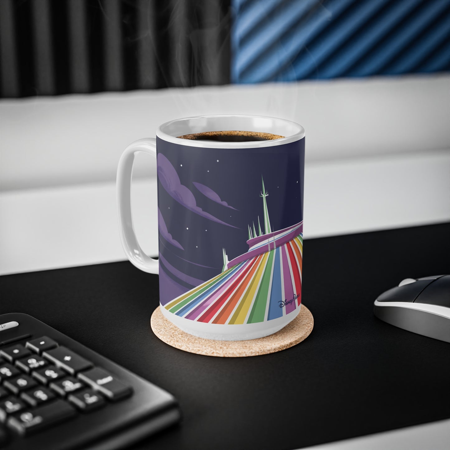 Rainbow Space Mountain Mug — Retro Rainbow Road Ceramic Coffee Cup (11oz & 15oz)
