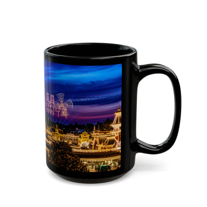 Disneyland Paris Park Nightscape Black Mug — Illuminated Main Street Skyline (11oz/15oz)