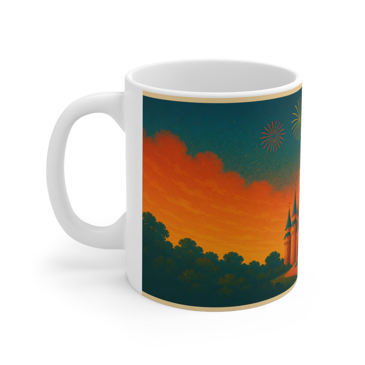 Castle Sunset Coffee Mug — Fairytale Castle with Fireworks Ceramic Mug (11oz & 15oz)
