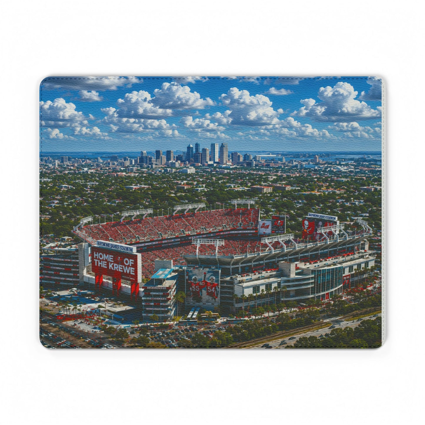 Tampa Bay Raymond James Stadium Aerial PU Leather Mouse Mat — City Skyline Football Field Design
