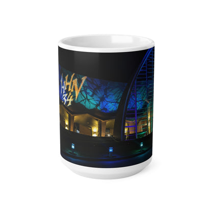 Nightlight Cityscape Mug — Neon Building Photo Ceramic Coffee Cup (11oz, 15oz)