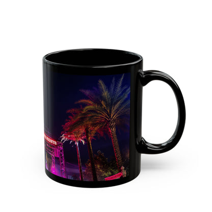 Halloween Horror Nights Black Mug — Neon Palm Nightscape (11oz/15oz)