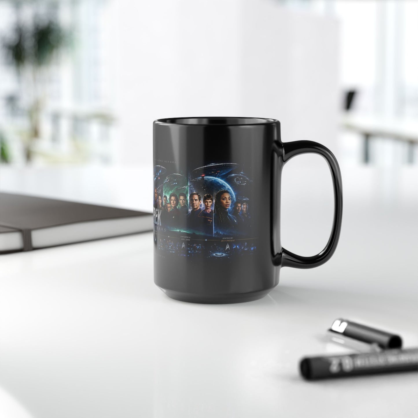 Star Trek Collage Black Mug — Sci‑Fi Crew Montage Coffee Cup (11oz/15oz)