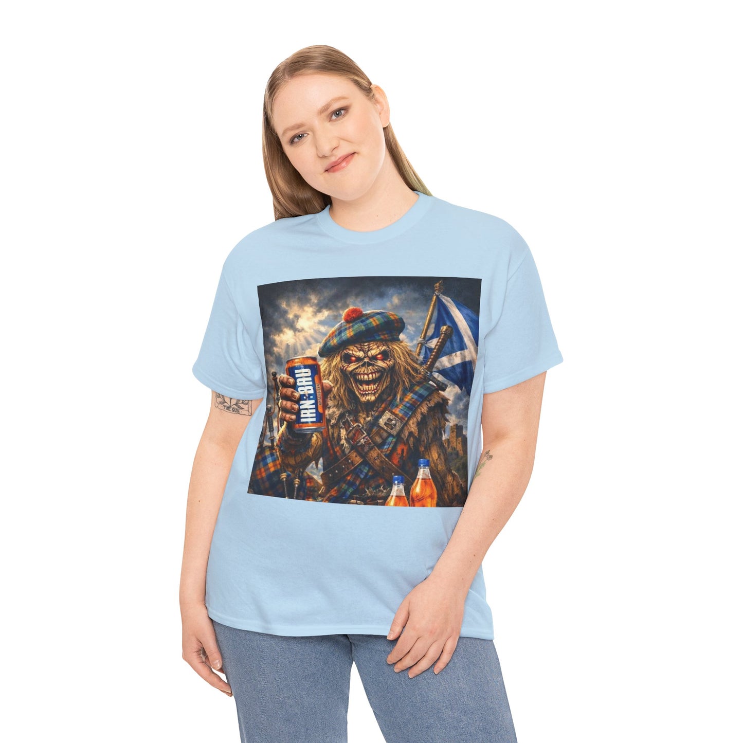 Scottish Rock Skull T‑Shirt — Eddie the Piper with Flag & Can Graphic Tee