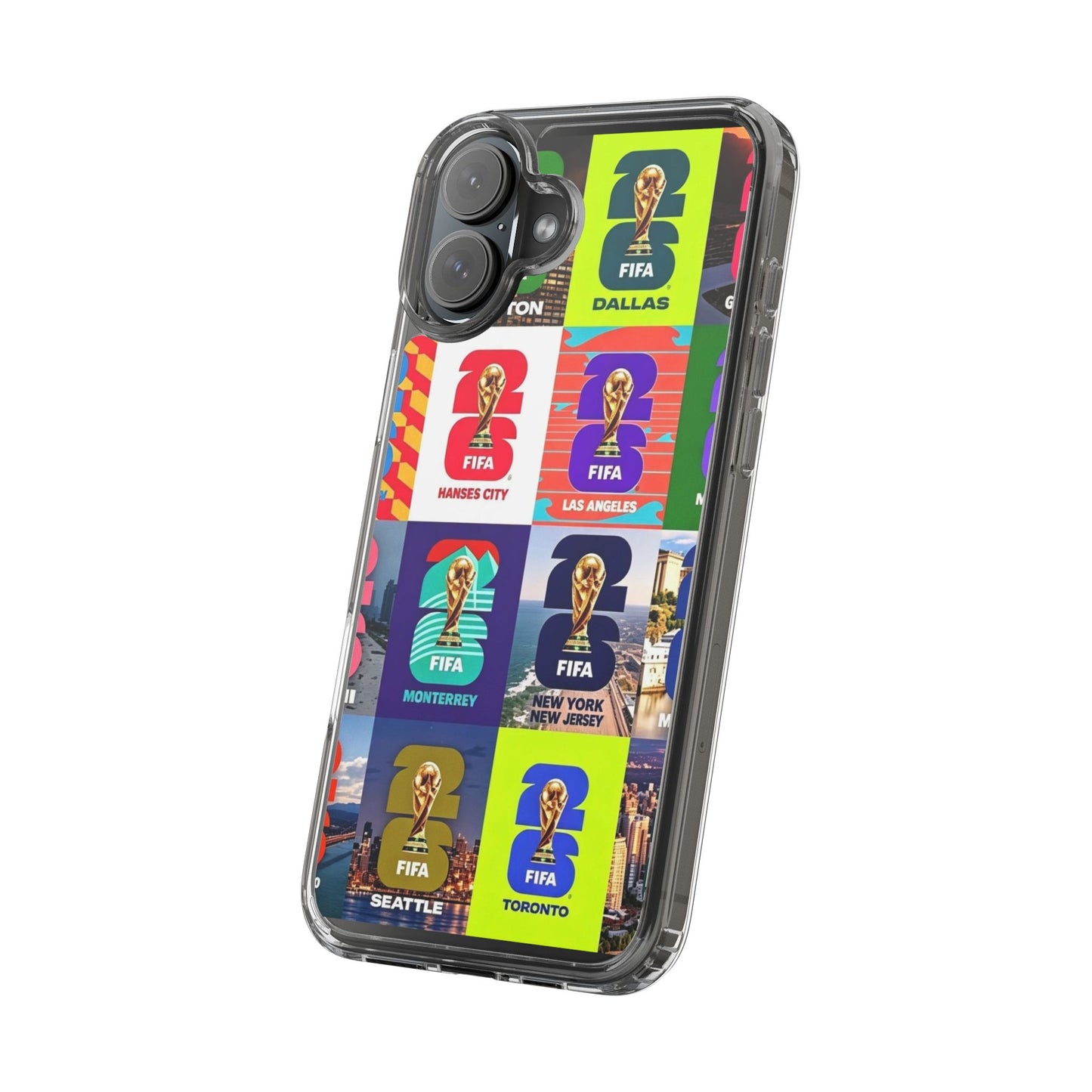 FIFA World Cup Pop Art Clear Phone Case — City Badge Collage (Dallas, LA, Monterrey, Toronto, Seattle)