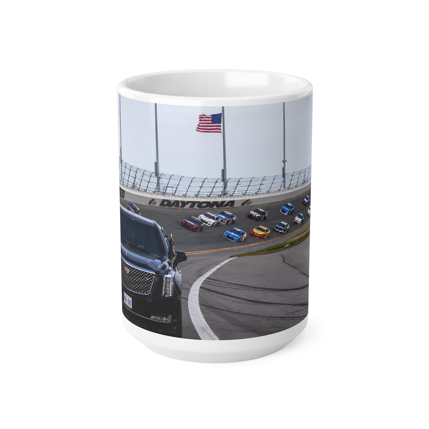 Daytona Raceway Photo Mug — Presidential Motorcade & NASCAR Racing Ceramic Coffee Cup (11oz, 15oz)