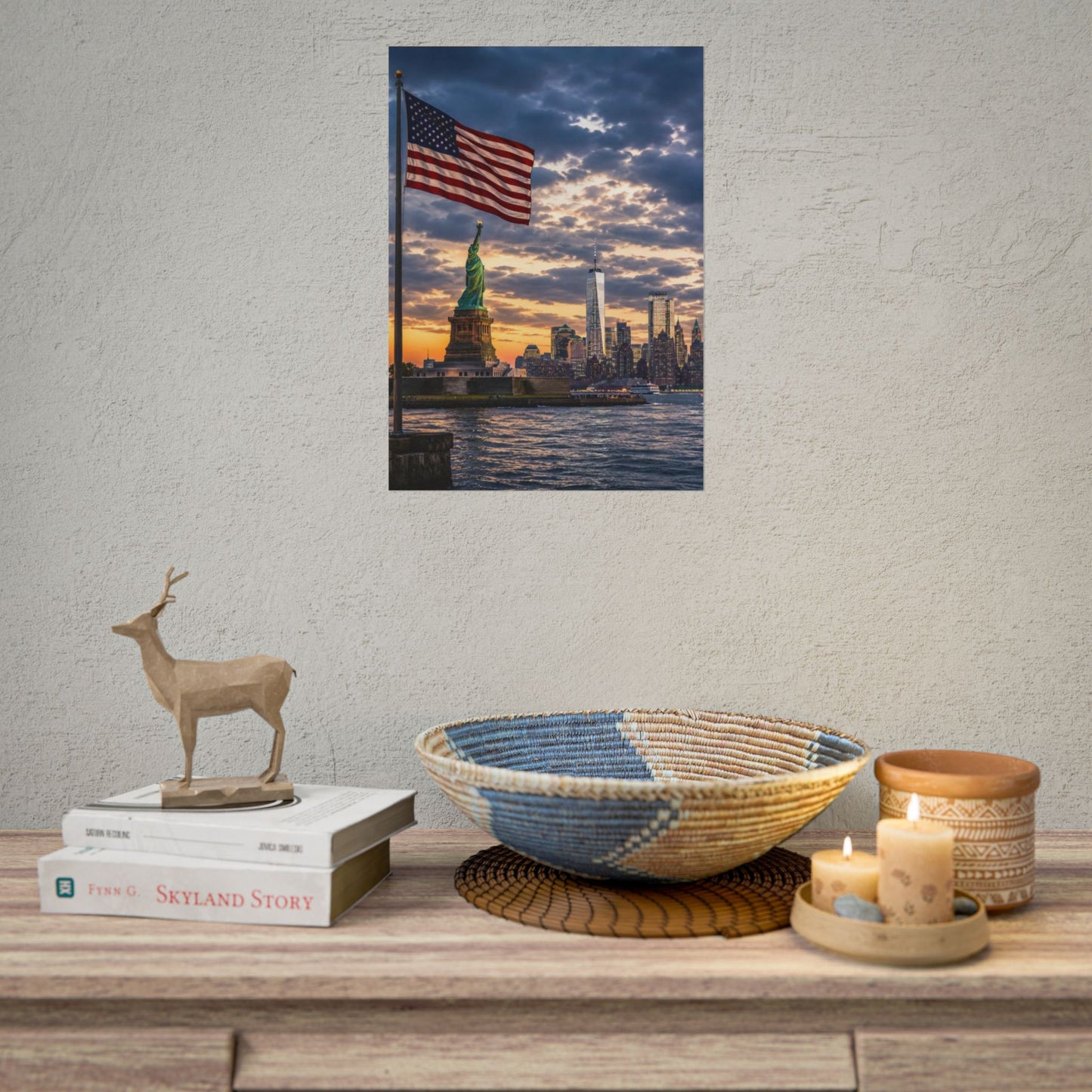 New York City Liberty Skyline Poster — Statue of Liberty & American Flag Wall Art