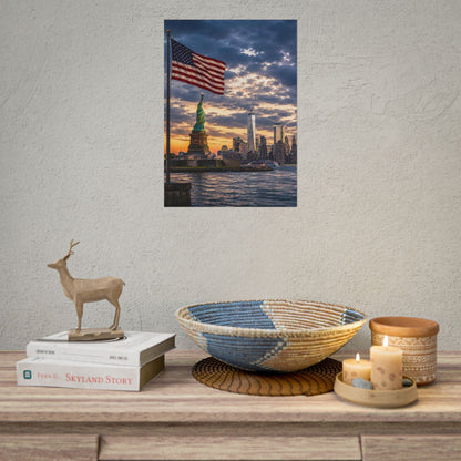 New York City Liberty Skyline Poster — Statue of Liberty & American Flag Wall Art