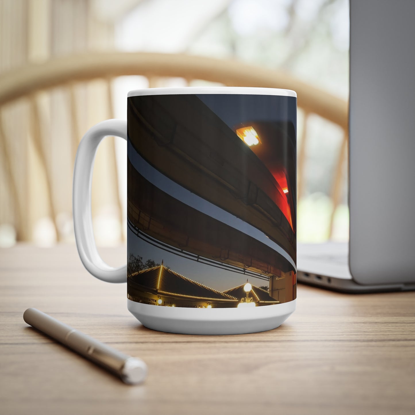 WDW Monorail Nightscape Ceramic Mug — Modern Curved Building Photo (11oz & 15oz)