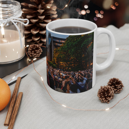 New York City Manhattanhenge Sunset Photo Mug — NYC Skyline Crowd Ceramic Coffee Cup (11oz/15oz)