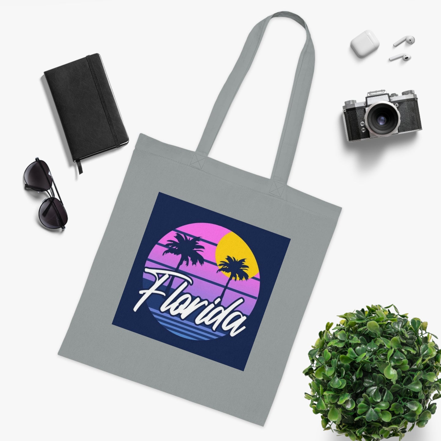Florida Sunset Palm Tote Bag — Retro Beach Cotton Tote