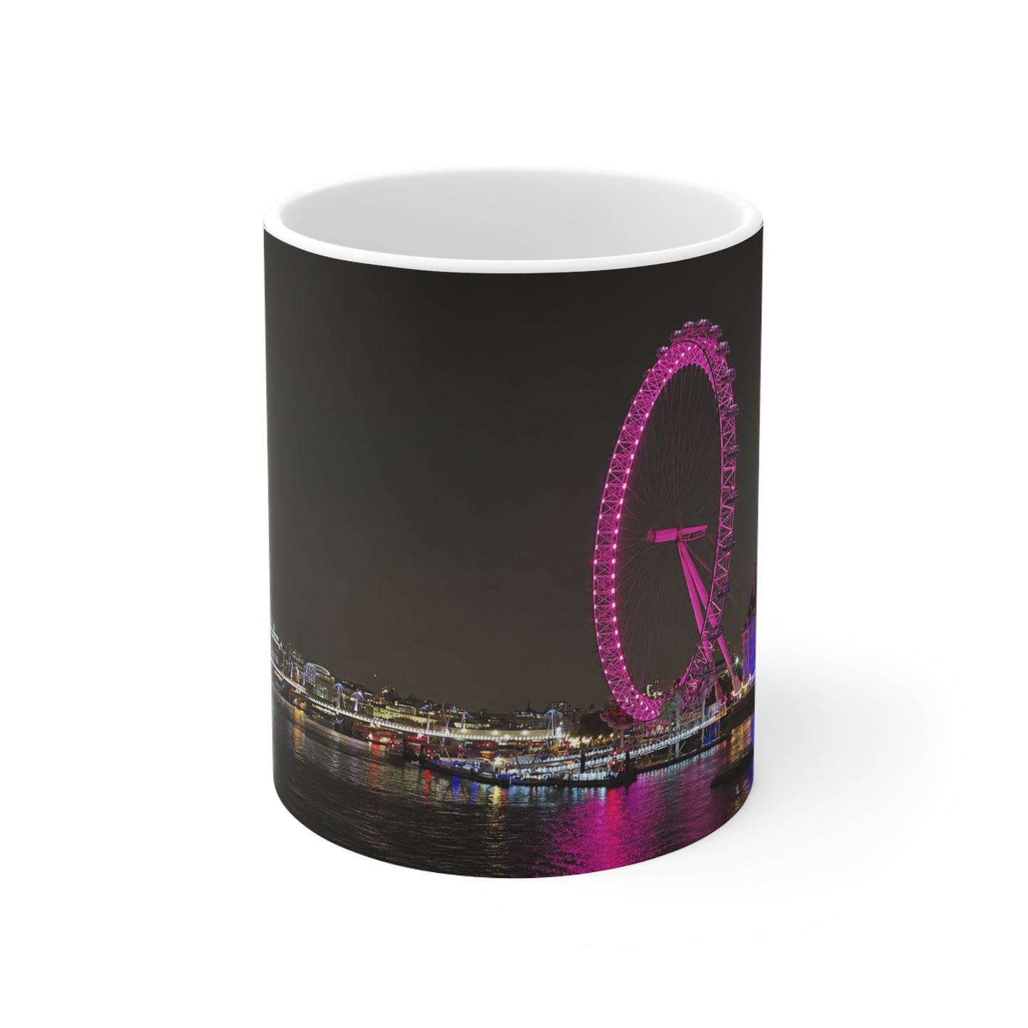 London Eye Nightscape Ceramic Mug — Pink London Eye & River Thames Coffee Cup (11oz & 15oz)