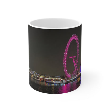 London Eye Nightscape Ceramic Mug — Pink London Eye & River Thames Coffee Cup (11oz & 15oz)