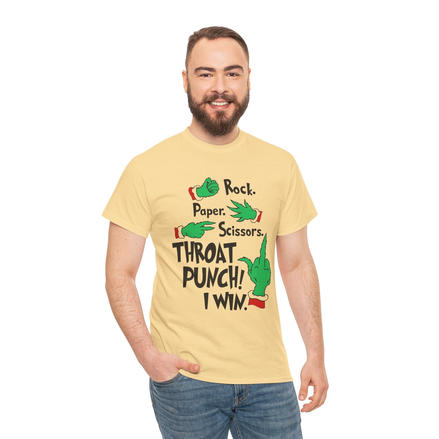 Funny Holiday Tee — "Rock. Paper. Scissors. Throat Punch! I Win" Graphic T-Shirt