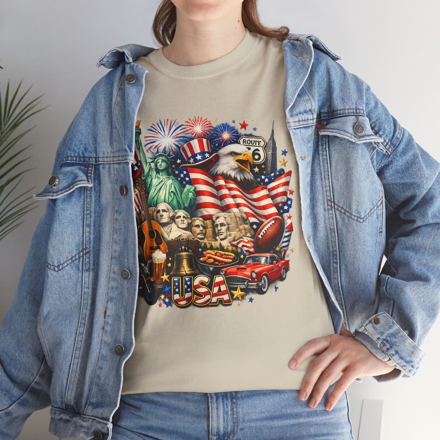Patriotic USA Graphic Tee – American Flag, Statue of Liberty & Fireworks T-Shirt