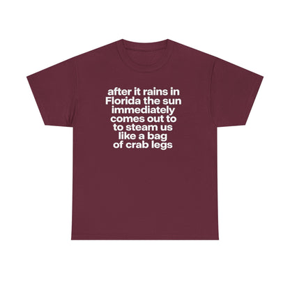 T-Shirt — "after it rains in Florida the sun immediately comes out to steam us like a bag of crab legs" Funny Florida Weather Tee