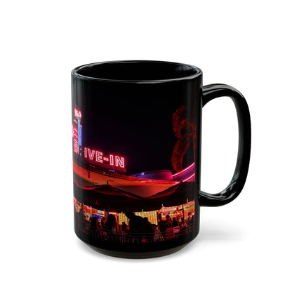 Mel's Drive-In Neon Night Coffee Mug — Retro Diner Black Ceramic Mug (11oz, 15oz)