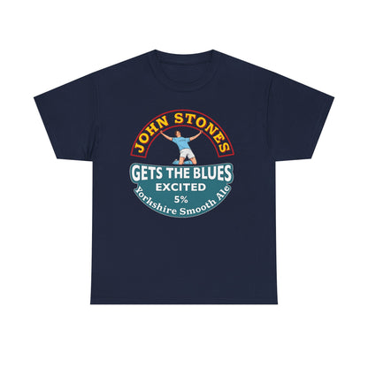 John Stones T-Shirt — "Gets The Blues Excited" Retro Ale Parody Tee