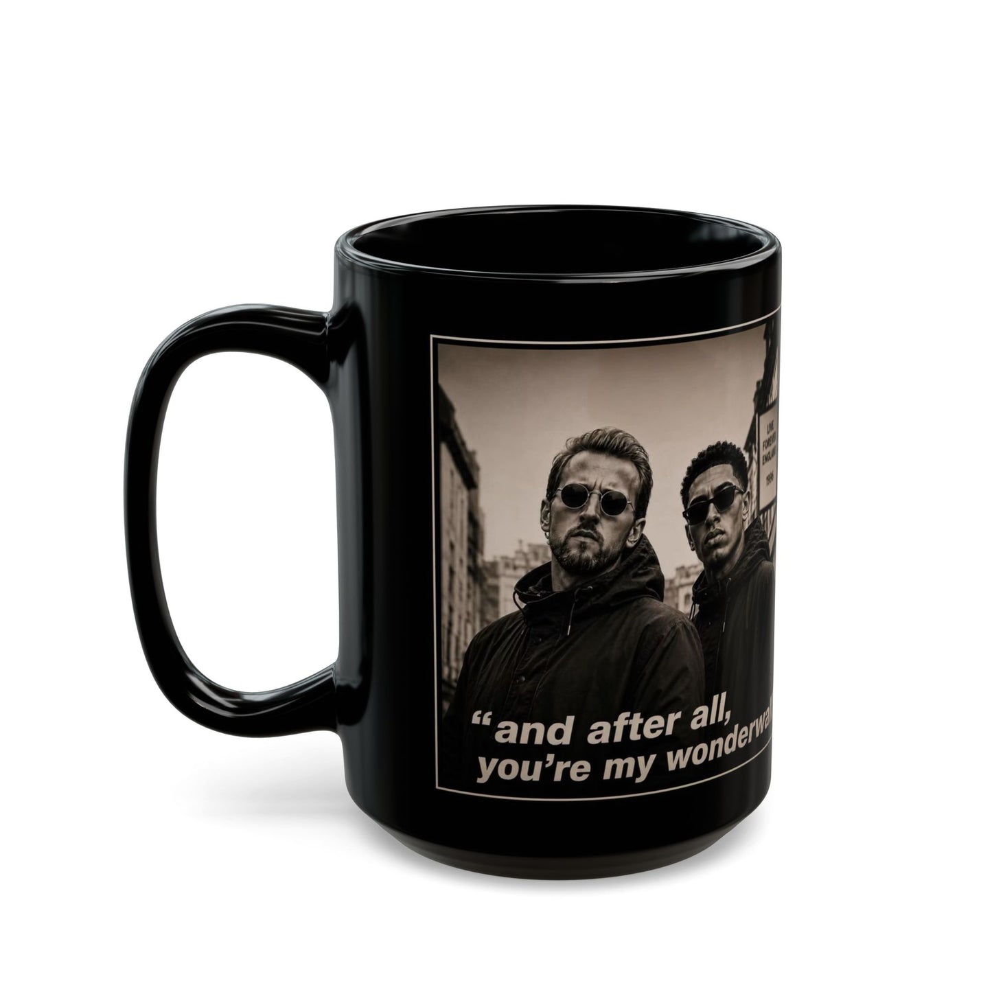 Kane and Bellingham Lyric Photo Black Mug — “and after all, you’re my wonderwall” Band Tribute Coffee Cup