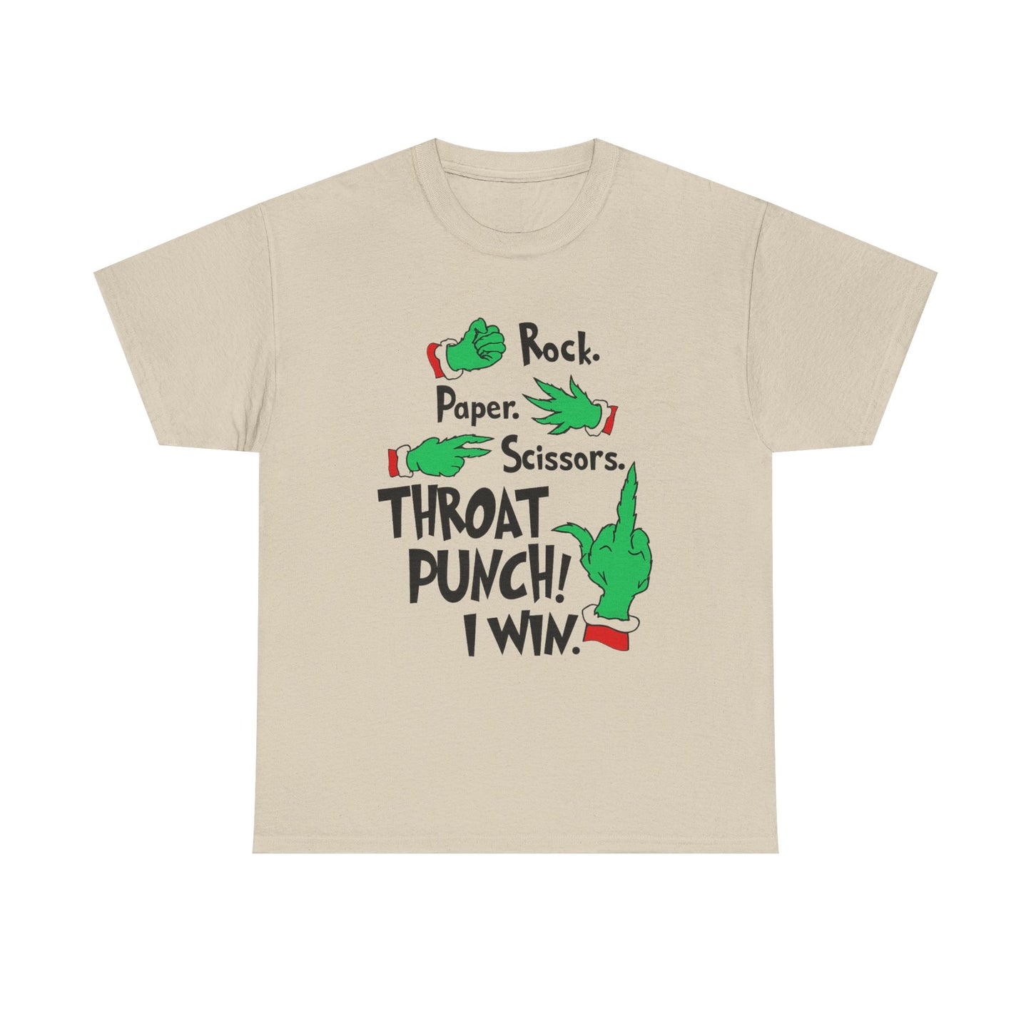 Funny Holiday Tee — "Rock. Paper. Scissors. Throat Punch! I Win" Graphic T-Shirt