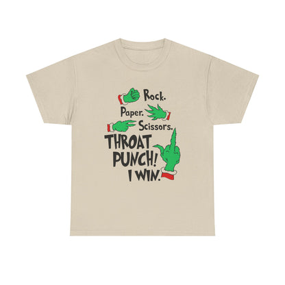 Funny Holiday Tee — "Rock. Paper. Scissors. Throat Punch! I Win" Graphic T-Shirt