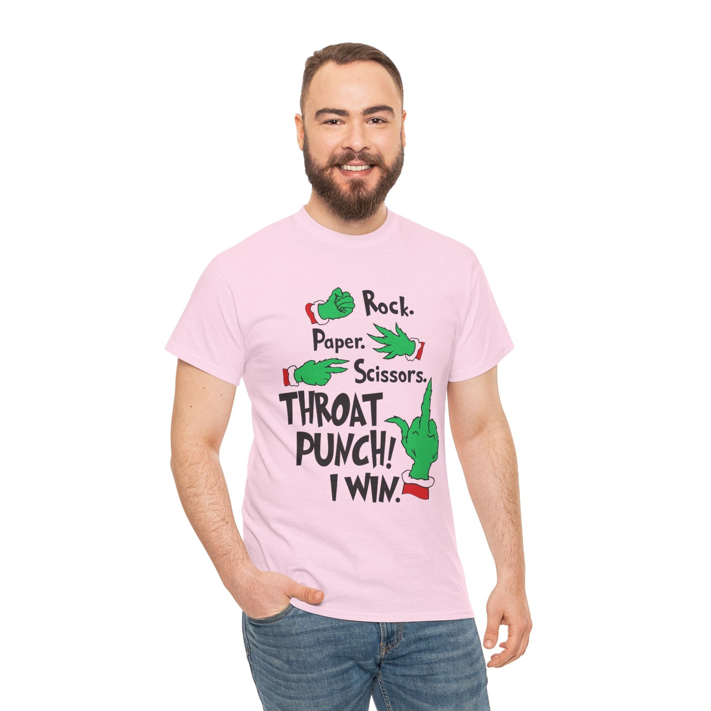 Funny Holiday Tee — "Rock. Paper. Scissors. Throat Punch! I Win" Graphic T-Shirt