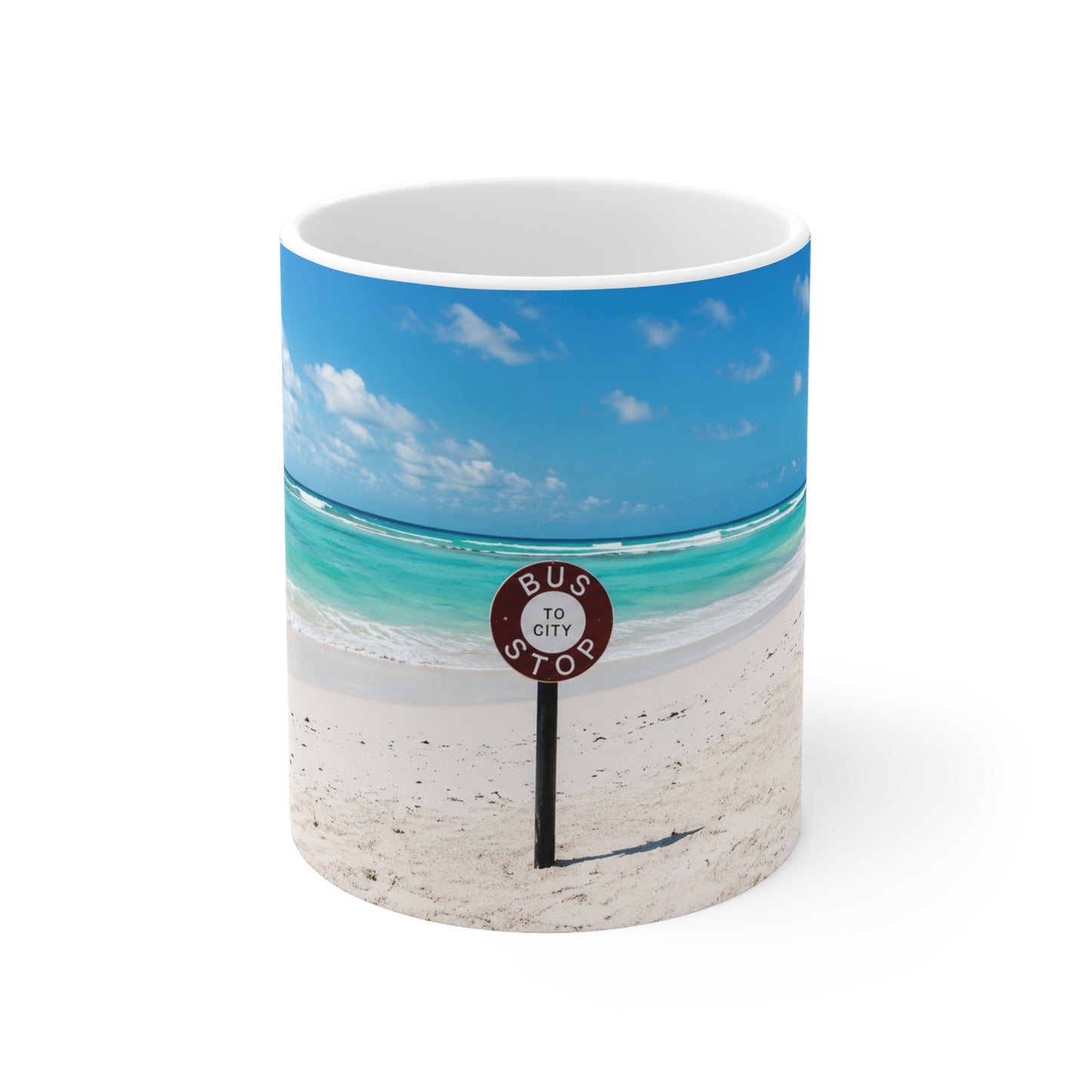 Barbados Beach Bus Stop Photo Mug — Tropical Ocean Scene Ceramic Coffee Cup (11oz & 15oz)