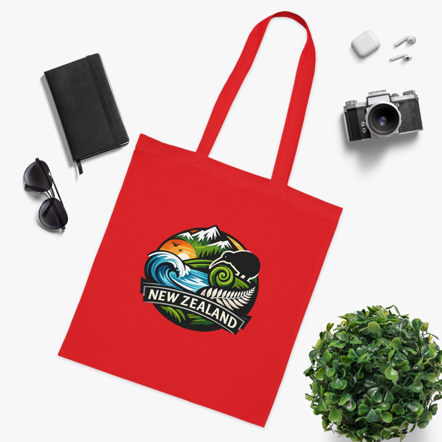 New Zealand Scenic Tote Bag — Kiwi, Fern & Mountain Cotton Shopper