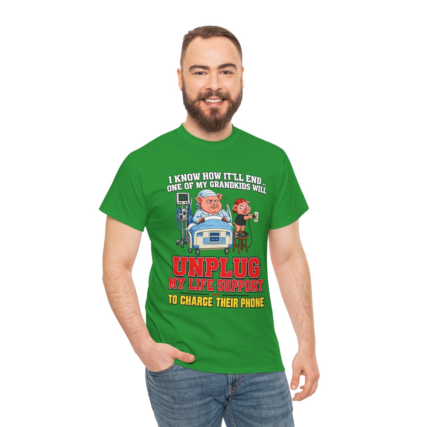 Funny Grandpa T-Shirt - "Unplug My Life Support to Charge Their Phone" Grandpa Humor Tee