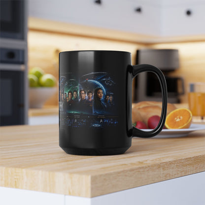 Star Trek Collage Black Mug — Sci‑Fi Crew Montage Coffee Cup (11oz/15oz)