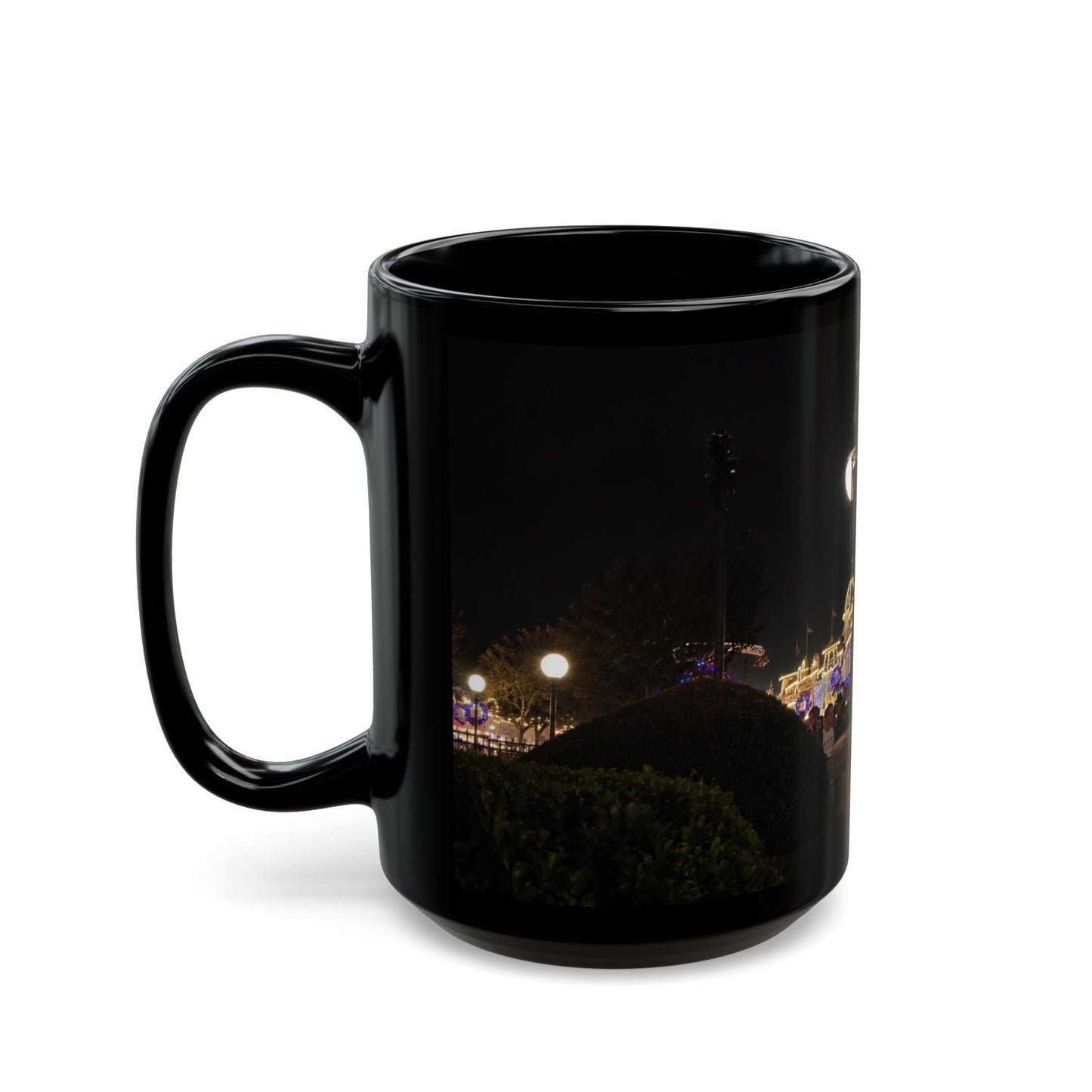 Magic Kingdom Nighttime Theme Park Lights Mug — Scenic Black Coffee Cup