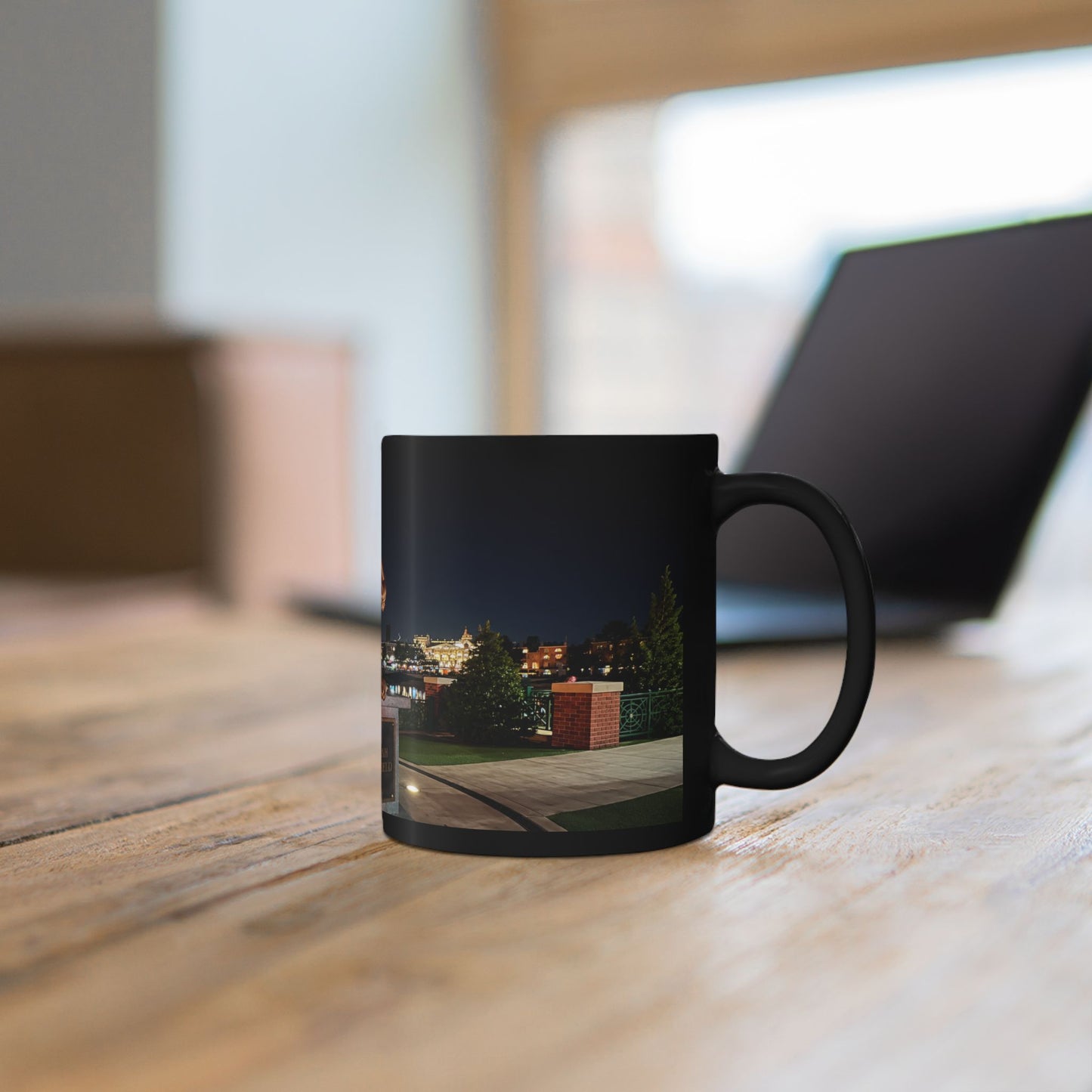 The Simpsons Photo Mug — University Statue & Campus Lights (Black 11oz/15oz)