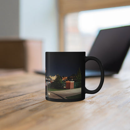 The Simpsons Photo Mug — University Statue & Campus Lights (Black 11oz/15oz)