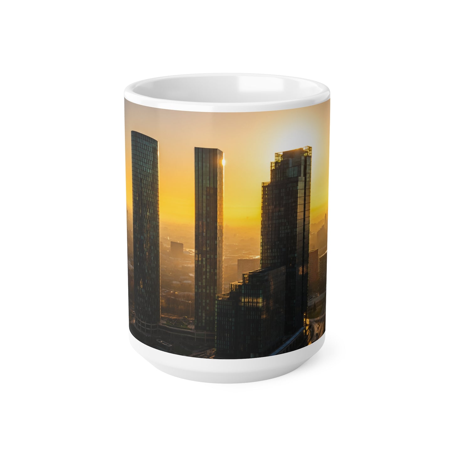 Manchester UK Sunrise Cityscape Ceramic Mug — Urban Skyline Coffee Cup (11oz & 15oz)