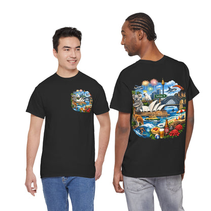 T-Shirt — Sydney Landmark Collage Tee (Opera House, Harbour Bridge, Koala & Beach Scene)