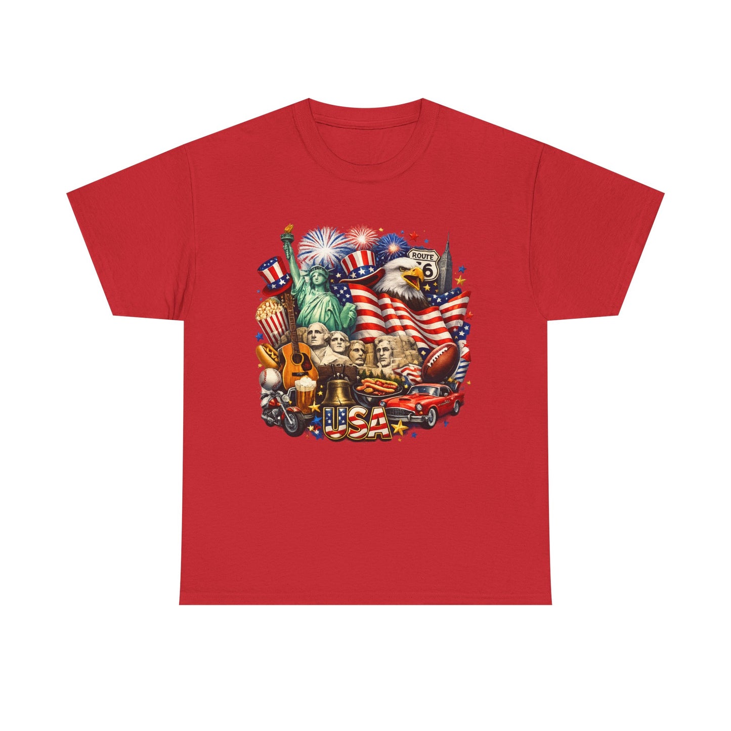 Patriotic USA Graphic Tee – American Flag, Statue of Liberty & Fireworks T-Shirt