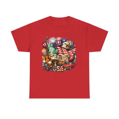 Patriotic USA Graphic Tee – American Flag, Statue of Liberty & Fireworks T-Shirt