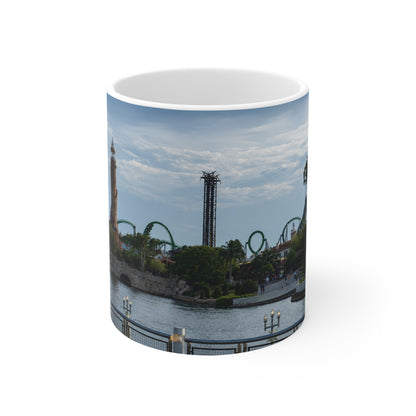 Universal IOA Theme Park Skyline Ceramic Mug — Roller Coaster Harbor Photo (11oz & 15oz)