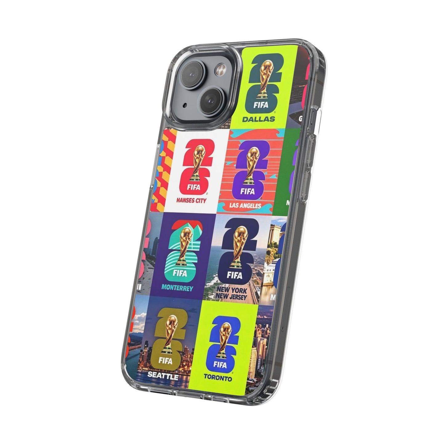 FIFA World Cup Pop Art Clear Phone Case — City Badge Collage (Dallas, LA, Monterrey, Toronto, Seattle)
