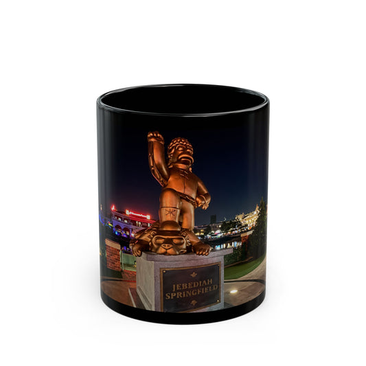 The Simpsons Photo Mug — University Statue & Campus Lights (Black 11oz/15oz)