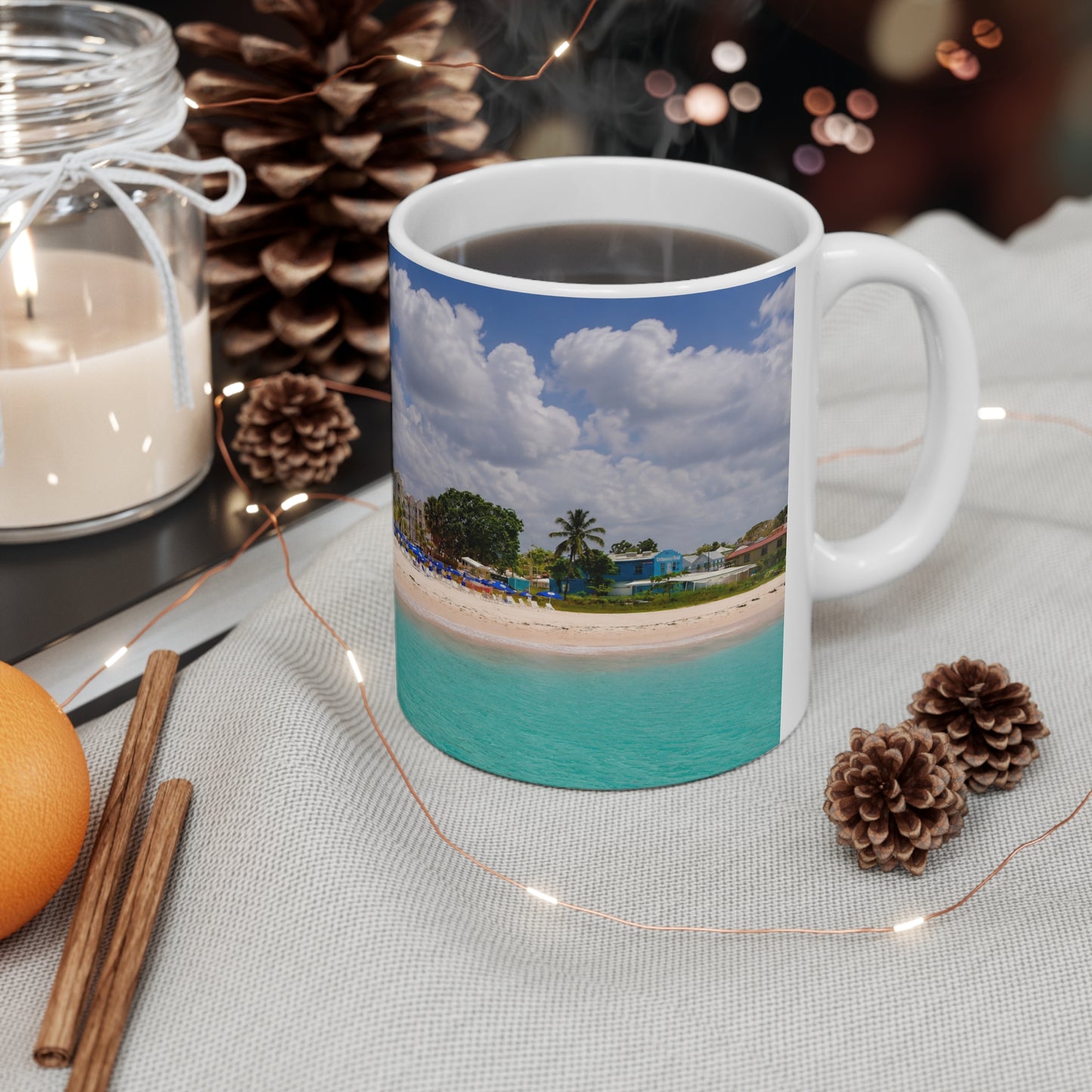 Barbados Tropical Beach Photo Mug — Scenic Dock Over Turquoise Water, 11oz & 15oz Ceramic Coffee Cup
