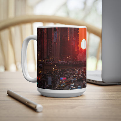 New York City Sunset Traffic Ceramic Coffee Mug — Urban Evening Skyline, 11oz & 15oz