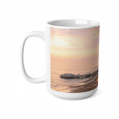 Blackpool Sunset Pier Ceramic Coffee Mug — Coastal Seaside Sunrise Photo, 11oz & 15oz