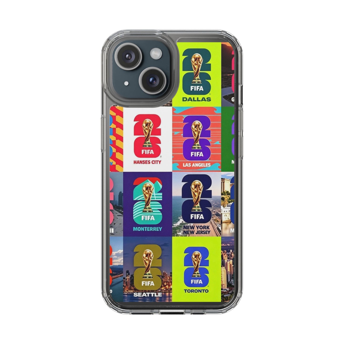 FIFA World Cup Pop Art Clear Phone Case — City Badge Collage (Dallas, LA, Monterrey, Toronto, Seattle)