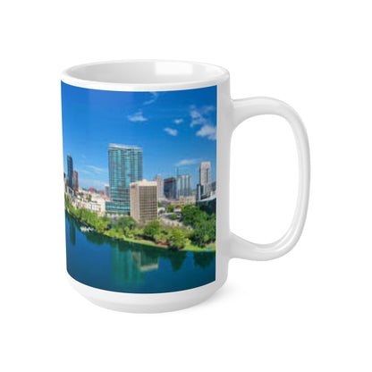 City Skyline Mug — Blue Lake Reflection Ceramic Coffee Cup (11oz & 15oz)